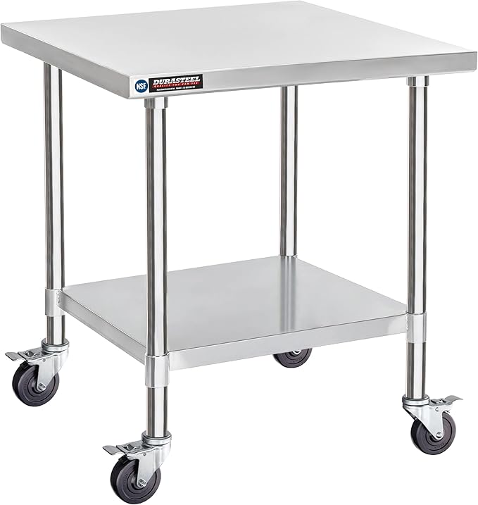 DuraSteel 30x30 NSF Stainless Steel Cart - Heavy Duty Rolling Food Prep Table with Undershelf - Metal Utility Cart for Commercial Restaurant Kitchen, Laundry, Outdoor Portable BBQ Grill