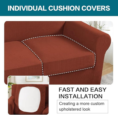 Turquoize 4 Piece Sofa Covers for 3 Cushion Couch Sofa Slipcover Soft Couch Cover for Dogs-Washable Sofa Furniture Covers with 3 Individual Cushion Covers (3 Cushion Sofa, Rust)