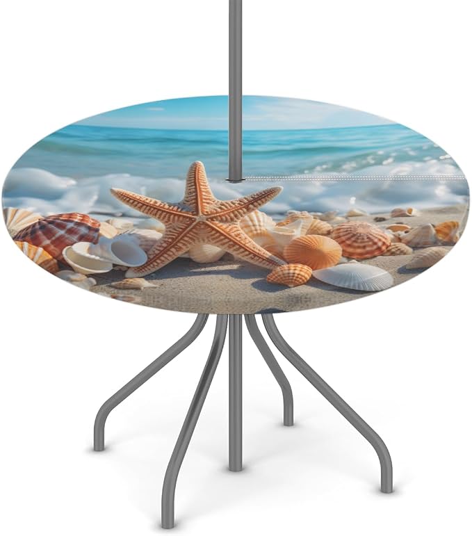 Outdoor Round Tablecloth with Umbrella Hole, Shell Starfish Fitted Table Cloth with Elastic 36"-44" Waterproof Oil-Proof Circle Patio Table Cover for Picnic Camping Party