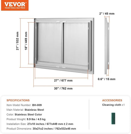 VEVOR Stainless Steel BBQ Access Door - 30W x 21H Inch Double Vertical Wall Door for Outside Cabinet and Grilling Station