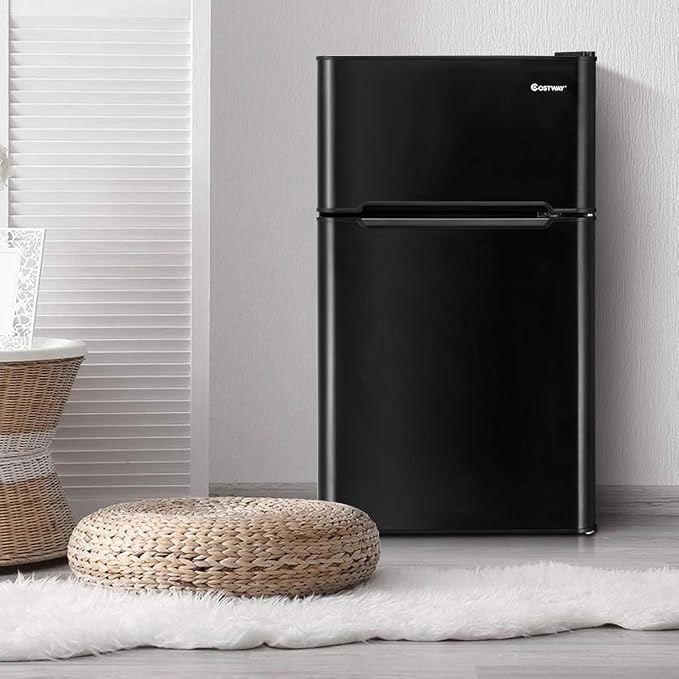 COSTWAY 3.2 Cu.ft. Mini Fridge with Freezer for Bedroom, Dorm, Office | Small Compact Refrigerator with Reversible 2-Door, Adjustable Temperature, LED Lights, Removable Glass Shelves, Black