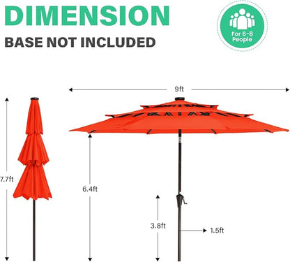 JEAREY 3 Tiers Patio Umbrella with Solar Lights 9ft Outdoor Market Table Umbrellas with Push Button Tilt for Outside Pool Garden, Orange | Solar Market Table Umbrella with 8 Sturdy Ribs, UV Protection Waterproof Sunproof for Garden, Deck and Backyard