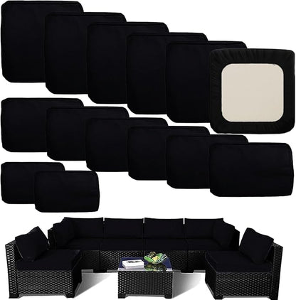 Outdoor Cushion Covers Replacement 14 Pcs, Black | Patio Cushion Covers fit for 7Pieces 6-Seater Wicker Rattan Sectional Couch Sofa Outdoor Cushion Slipcovers Set