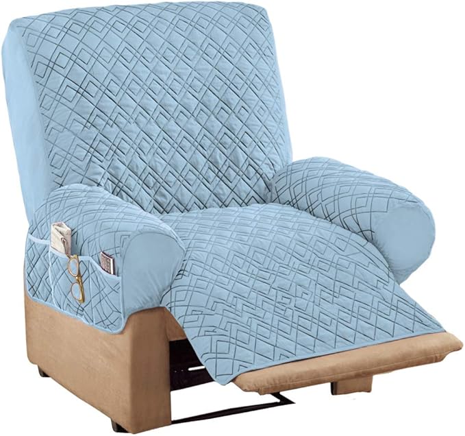 Collections Etc Diamond-Shape Quilted Stretch Recliner Cover with Storage Pockets and Elastic Straps - Furniture Protector | Blue, Recliner, polyester, Storage Pocket