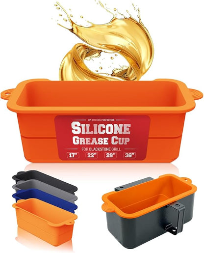 Kitchen Perfection 2 Reusable Silicone Grease Cup Liners for Blackstone Griddle Grill - Fits 36 28 22 17 - Drip Catcher Tray Pans - A Must Have Blackstone Accessries for Easy Cleaning