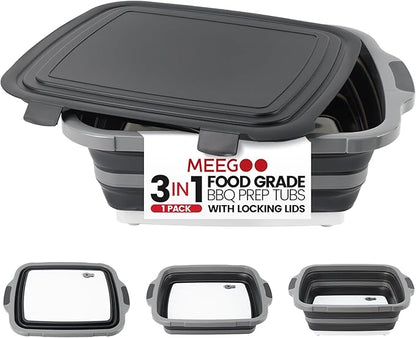 BBQ Prep Tub 3-IN-1 Large 16L Collapsible Cutting Board with Locking Lid for Meal Prep Marinating Food, Camping Sink with Colander, Dish Basin, Storage Blanket for Camping Picnic BBQ, Black