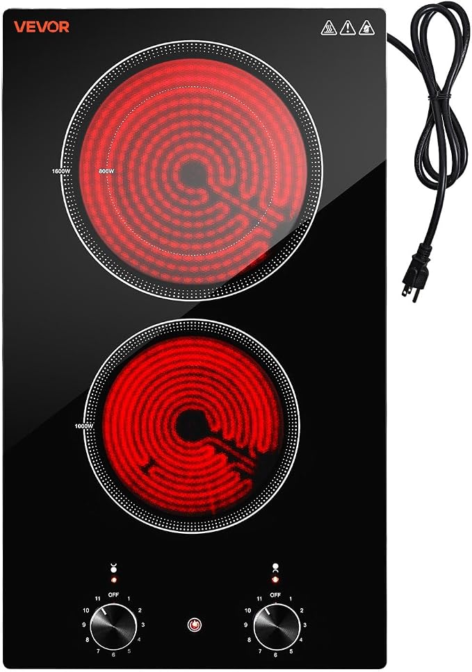 VEVOR Electric Cooktop 12in 2 Burners Portable Stove Top 1800W 120V Plug In, Ceramic Countertop/Built-in Radiant Electric Stove, with 11 Power Levels, Over-Heat Guard, Knob Control