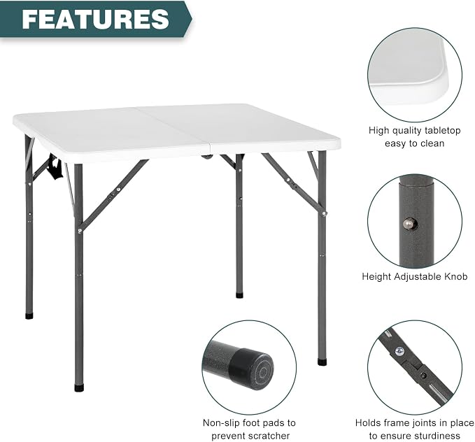 FDW | 34" Folding Table | White | Portable Plastic Table | with Carry Handle | Waterproof & Foldable Table Design | Steel Frame with Lock | for Events, Camping, Indoor & Outdoor Use