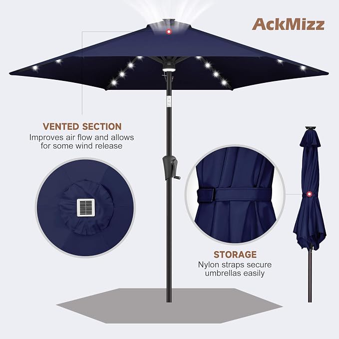 10 ft Solar Patio Umbrella Outdoor with Centre Light, Navy Blue | 24 LED Lights, UV Protection, Solar Outdoor Umbrella for Porch, Deck, Pool, Table, Garden, Provides Evening Lighting