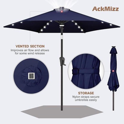 10 ft Solar Patio Umbrella Outdoor with Centre Light, Navy Blue | 24 LED Lights, UV Protection, Solar Outdoor Umbrella for Porch, Deck, Pool, Table, Garden, Provides Evening Lighting