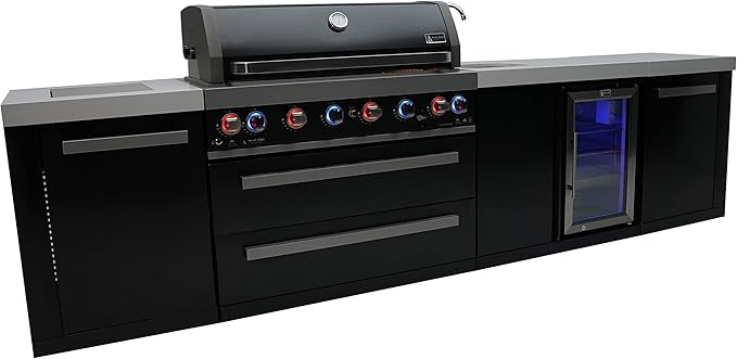 Mont Alpi Premium 132"W x 23"D x 46"H Black Stainless Steel Outdoor Kitchen Island with Fridge Faucet & Sink Combo + 44"W 6-Burner BBQ Grill + Granite Countertops + Storage + Rotisserie Kit + Cover