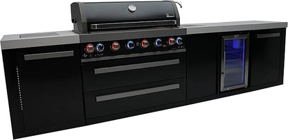 Mont Alpi Premium 132"W x 23"D x 46"H Black Stainless Steel Outdoor Kitchen Island with Fridge Faucet & Sink Combo + 44"W 6-Burner BBQ Grill + Granite Countertops + Storage + Rotisserie Kit + Cover