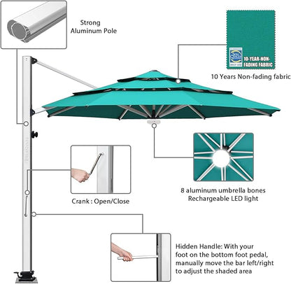 EliteShade USA APOLLO 3-Tier 11FT Full Aluminum Cantilever Patio Umbrella for Outdoor Restaurant Garden Courtyard Deck Pool and Marketing with Light (No battery), Teal