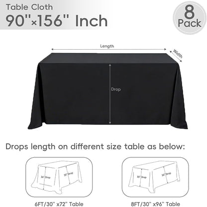 8 Pack Black Tablecloths 90 x 156 Inch Rectangle For 8 Foot Tables | Wrinkle Resistant, Washable Polyester Fabric, Rectangular Table Cloth for Wedding Party Banquet Buffet and Camping