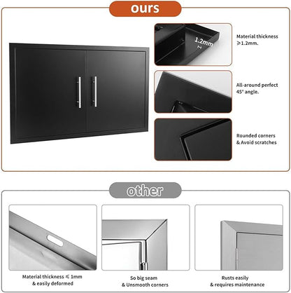 JIE JIN Outdoor Kitchen Doors 35" W X 24" H Double Doors 1.2mm Thickness Stainless Steel BBQ Access Door BBQ Island Doors Outdoor Kitchen Accessories Door for Outdoor Kitchen BBQ Island (Black)