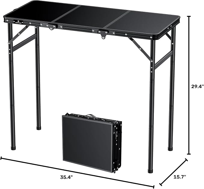 FUNYKICH 3ft Aluminum Folding Camping Table, 3 Height Adjustable Max 29.4" | 35.4''x15.7'' Tabletop, Ultralight Portable Design with Carry Handle for Car Travel, Camping, Backyard, Beach & Picnic, Balck