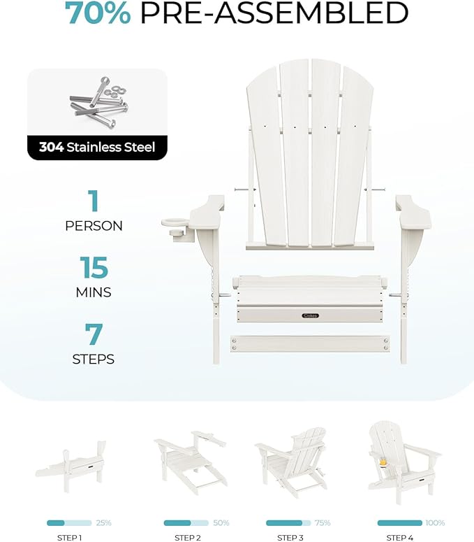 Ciokea Folding Adirondack Chair 6 Pack, Patio Adirondack Chair Weather Resistant, Plastic Fire Pit Chair with Cup Holder, Lawn Chair for Outdoor Porch Garden Backyard Deck (White)