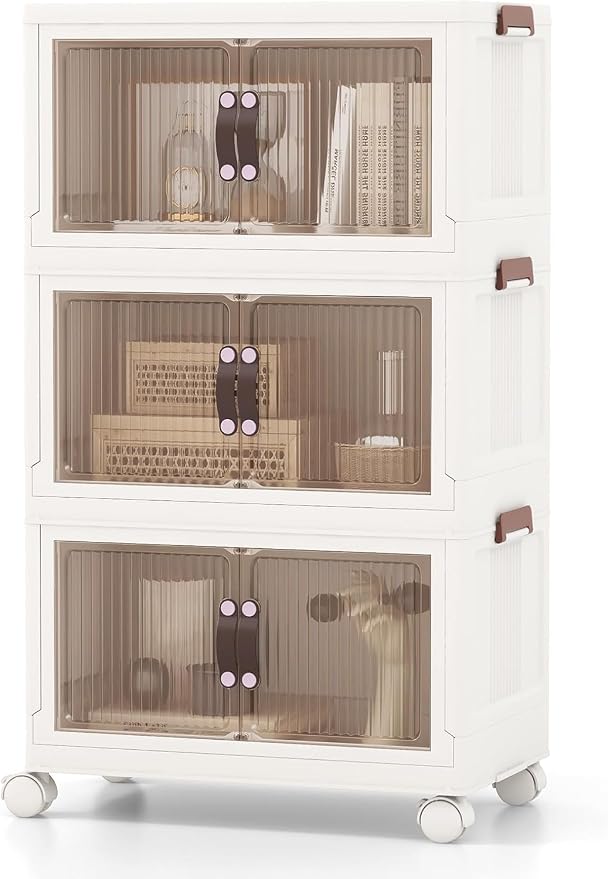 HOMGX 3 Tier Stackable Storage Bins, Collapsible Closet Organizers w/Wheels and Lids, Foldable Cabinet Front and Top Open, Foldable Plastic Containers for Kitchen (25.5 Gal (19" x 12" x 34"))