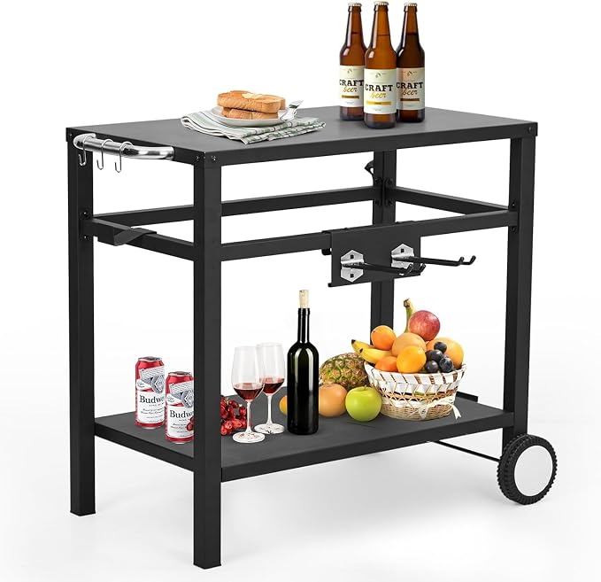 Outdoor BBQ Table Removable BBQ Prep Table with Wheels, Hooks and Side Handles Double Shelf Outdoor Food Cart for Kitchen, Camping, Bar and Terrace