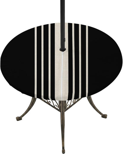 Outdoor Fitted Tablecloth with Umbrella Hole and Zipper, Black Beige Striped Elastic Round Patio Table Cover, Farmhouse Retro Lines Modern Windproof Table Protector for Backyard BBQ Party 31''-35''