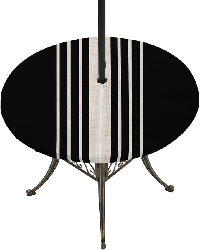 Outdoor Fitted Tablecloth with Umbrella Hole and Zipper, Black Beige Striped Elastic Round Patio Table Cover, Farmhouse Retro Lines Modern Windproof Table Protector for Backyard BBQ Party 45''-54''