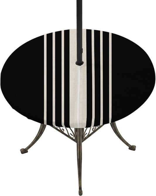Outdoor Fitted Tablecloth with Umbrella Hole and Zipper, Black Beige Striped Elastic Round Patio Table Cover, Farmhouse Retro Lines Modern Windproof Table Protector for Backyard BBQ Party 36''-44''