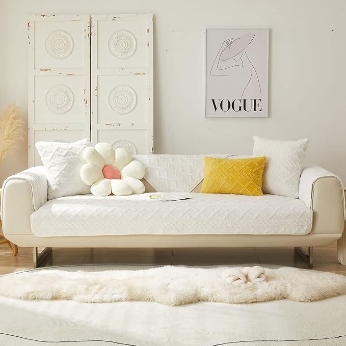 vctops Geometric Jacquard Plush Sofa Couch Covers Farmhouse Neutral Non Slip Sectional Couch Cover Soft Warm Sofa Slipcover for Dogs, Children, Pets Furniture Protector (White,36"x94")