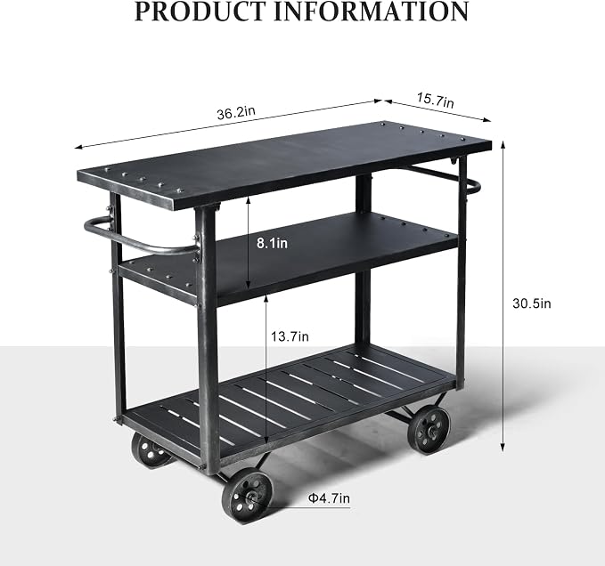 Rolling Bar Cart with Handle [3 Tier] Home Kitchen Microwave Cart Island On Wheels, Mobile Serving Cart Beverage Cart, Coffee Station (Metal/Wood, Industrial Black)
