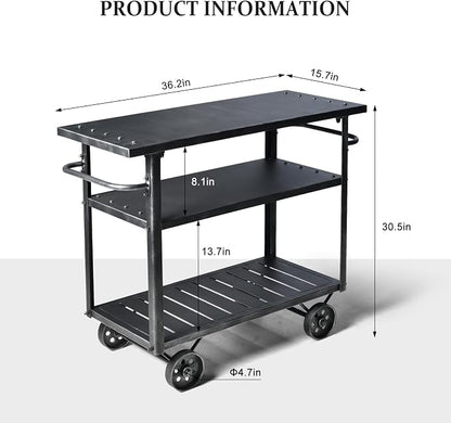 Rolling Bar Cart with Handle [3 Tier] Home Kitchen Microwave Cart Island On Wheels, Mobile Serving Cart Beverage Cart, Coffee Station (Metal/Wood, Industrial Black)