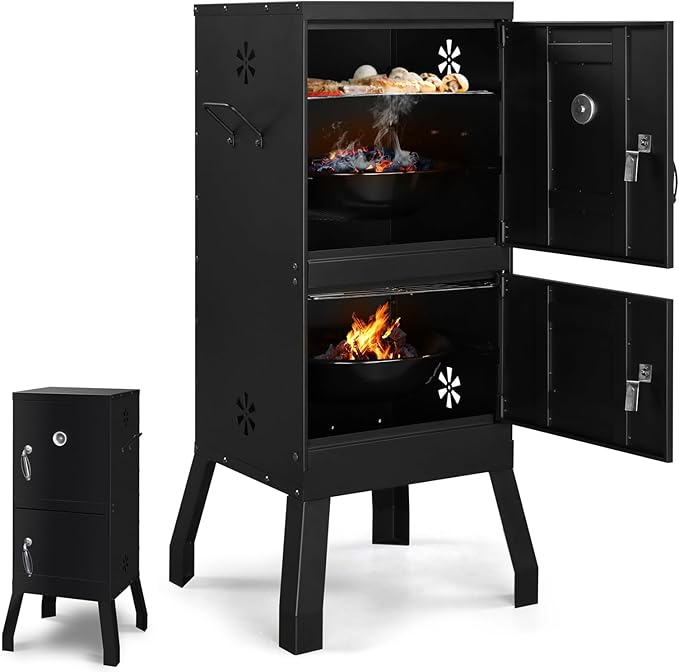 Outdoor Charcoal Grill Barbecue Grills with Thermometer, Charcoal Pan & 4 Air Vents, Vertical BBQ Grill for Garden Party Picnic Hiking Backyard Cooking, Easy to Assemble, Asadores de Carbon (Black)