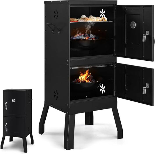 Outdoor Charcoal Grill Barbecue Grills with Thermometer, Charcoal Pan & 4 Air Vents, Vertical BBQ Grill for Garden Party Picnic Hiking Backyard Cooking, Easy to Assemble, Asadores de Carbon (Black)