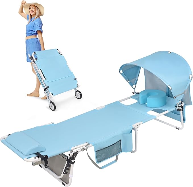 Wheel-To-Go Tanning Chair with Wheels Sun Canopy Umbrella Face Hole Thicker Washable Adjustable, Heavy Duty Folding Lay Flat Sun Lounge Chair Beach Outside Sunbathing Reading, UPF 50+ (Patent Design)