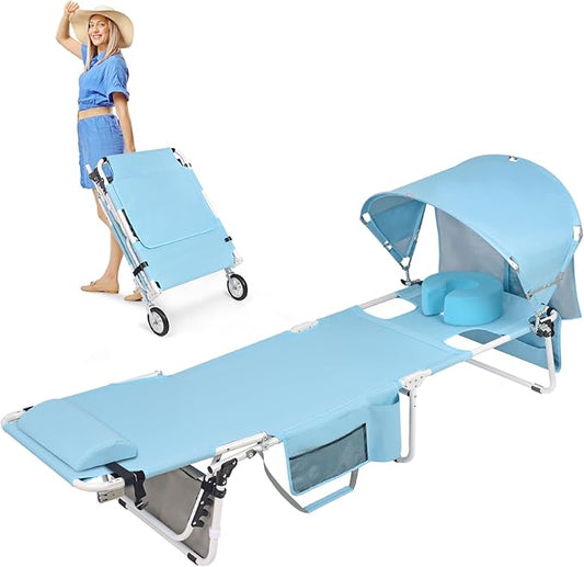 Wheel-To-Go Oversized Tanning Chair with Face Hole & Wheels | Portable Heavy Duty Folding Lounge Chair | Outside Sunbathing Reading Relaxing Beach Poolside Lawn | XL Wide | 330 LBS (Patent Design)