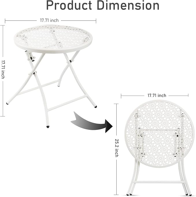TeoKJ Folding Small Outdoor Side Table, Anti Rust Patio Metal Table | Metal Round Anti Rust Patio Desk, Small Nightstand with Flower Cutouts, for Yard, Balcony, Lawn, Pool, Lightweight, White