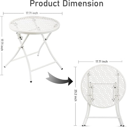 TeoKJ Folding Small Outdoor Side Table, Anti Rust Patio Metal Table | Metal Round Anti Rust Patio Desk, Small Nightstand with Flower Cutouts, for Yard, Balcony, Lawn, Pool, Lightweight, White