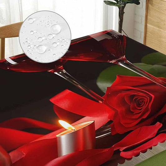 Wine Table Cloth Rectangle Table 52"X70", Romantic Red Wine Glasses Rose Wipeable Table Cover for Dinner Kitchen, Indoor Outdoor Tablecloth for Party Banquets Weddings