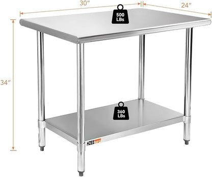 Stainless Steel Prep Table with Adjustable Undershelf 30x24 Inches | Heavy Duty Metal Workbench for Commercial Kitchen Restaurant Laundry Garage Home Hotel Workshop Chef Homemaker