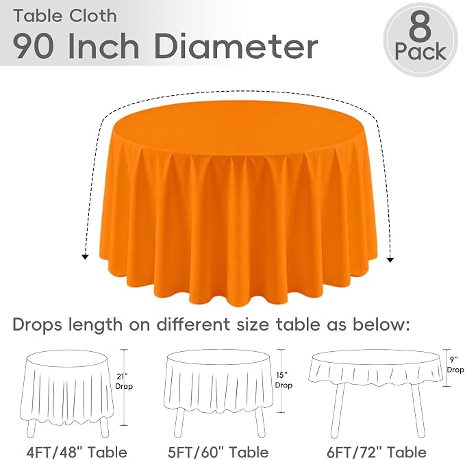 8 Pack Orange Round Tablecloth 90 Inch | For 3Ft-5Ft Round Table, Wrinkle Resistant Table Cloth, Washable Polyester Fabric, For Wedding Party Banquet Buffet Camping