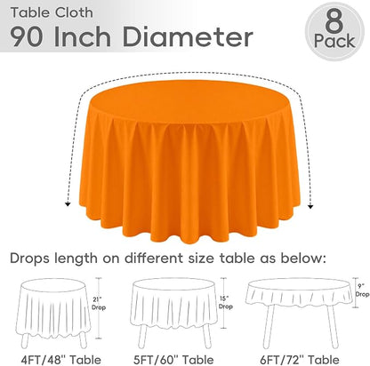 8 Pack Orange Round Tablecloth 90 Inch | For 3Ft-5Ft Round Table, Wrinkle Resistant Table Cloth, Washable Polyester Fabric, For Wedding Party Banquet Buffet Camping