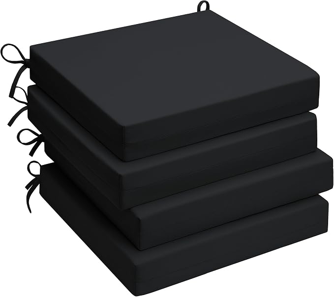 UNIKOME Outdoor Chair Cushions Pack of 4, Water Resistant Patio Cushions with Ties, High Density Sponge Filling Square Corner Seat Cushions for Outdoor Furniture, 19"*19"*3", Black