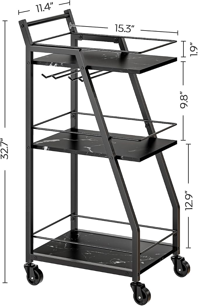 Bar Cart, 3-Tier Home Bar Serving Cart with Wheels, Drink Cart with Glass Holder, Beverage Cart, Rolling Kitchen Cart, for Home, Living Room, Marble Black and Black BC03BM