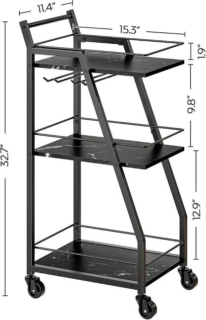 Bar Cart, 3-Tier Home Bar Serving Cart with Wheels, Drink Cart with Glass Holder, Beverage Cart, Rolling Kitchen Cart, for Home, Living Room, Marble Black and Black BC03BM