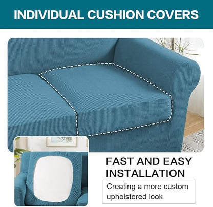 Turquoize 3 Piece Sofa Covers for 2 Cushion Couch Sofa Slipcover Soft Couch Cover for Dogs-Washable Sofa Furniture Covers with 2 Individual Cushion Covers, Thick Jacquard Fabric (Loveseat, Storm Blue)