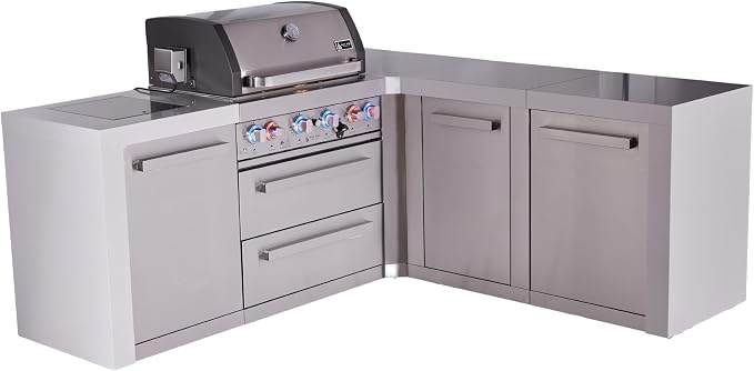 Mont Alpi Deluxe 82"W x 75"D x 46"H L-shaped Stainless Steel Outdoor Kitchen Island with Side Burner + 32"W 4-Burner BBQ Grill + White Granite Countertops & Sides + Storage Cabinets + Drawers + Cover