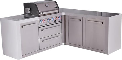 Mont Alpi Deluxe 82"W x 75"D x 46"H L-shaped Stainless Steel Outdoor Kitchen Island with Side Burner + 32"W 4-Burner BBQ Grill + White Granite Countertops & Sides + Storage Cabinets + Drawers + Cover
