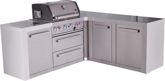 Mont Alpi Deluxe 82"W x 75"D x 46"H L-shaped Stainless Steel Outdoor Kitchen Island with Side Burner + 32"W 4-Burner BBQ Grill + White Granite Countertops & Sides + Storage Cabinets + Drawers + Cover