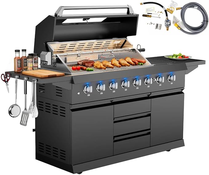 CT Copper Tailor 83-inch Outdoor Kitchen BBQ Gas Grill Island, 6 Main Burners, Infrared Rear & Side Burner,99,000 BTU, Stainless Steel, Foldable Side Table with Natural Gas Kit