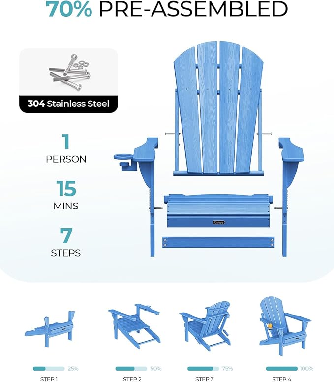 Ciokea Folding Adirondack Chairs Set of 4, Patio Adirondack Chair Weather Resistant, Plastic Fire Pit Chair with Cup Holder, Lawn Chair for Outdoor Porch Garden Backyard Deck, Baby Blue