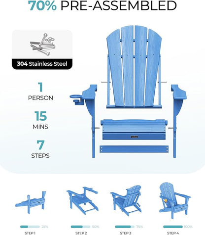 Ciokea Folding Adirondack Chair Wood Texture, Patio Adirondack Chair Weather Resistant, Plastic Fire Pit Chair with Cup Holder, Lawn Chair for Outdoor Porch Garden Backyard Deck, Baby Blue