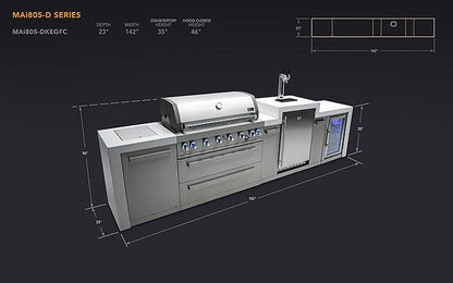 Mont Alpi 142"W Stainless Steel Deluxe Modular Outdoor Kitchen Island with Refrigerator + 3 Tap Kegerator Fridge Dispenser + 44"W 6-Burner BBQ Grill + Granite Countertops + Storage Cabinets & Drawers